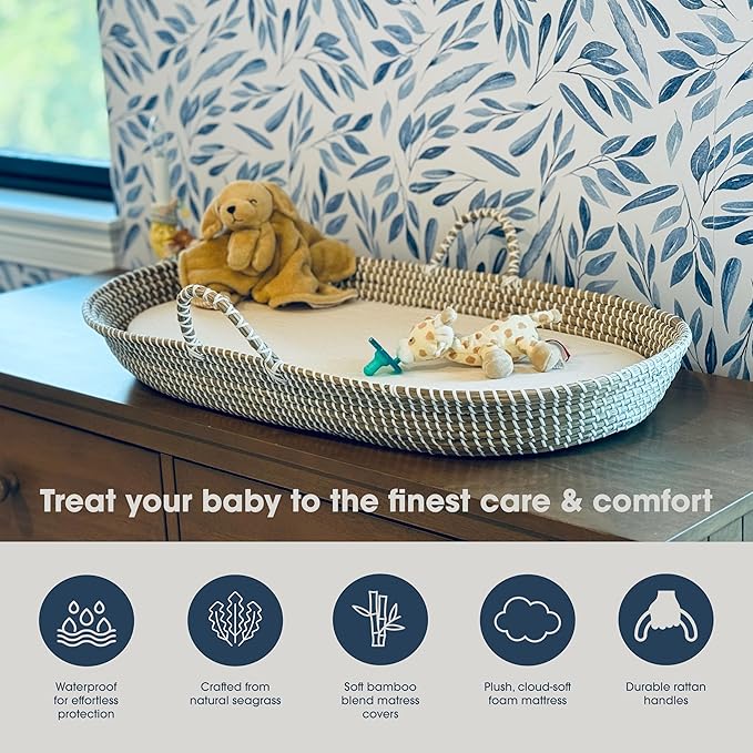 Seagrass Baby Changing Basket with Pad, Portable Diaper Topper, Hand-Woven Basket