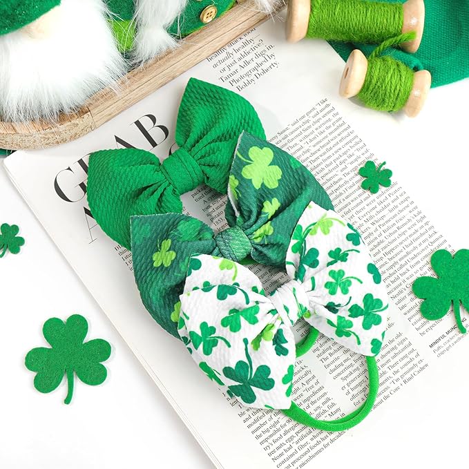 YanJie Baby Bows Nylon Green Bow Headbands for Infant Girls Shamrock Clover Headband Newborn Toddler Headband St Patricks Day Hair Accessories White