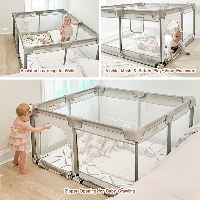 ZEEBABA Baby Playpen with Mat, 47x47inch Playpen for Babies and Toddlers, Small Baby Play Pens, Play Yard for Infants with 47" Play Mat, Playard with Gate