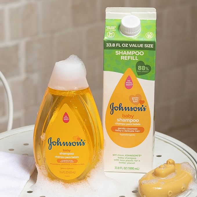 Johnson's Baby Shampoo, Hypoallergenic, No More Tears for Baby's Delicate Scalp & Skin, Gently Washes Away Dirt & Germs, Paraben-Free, Value Size Baby Shampoo Refill, 33.8 fl. oz (Pack of 2)