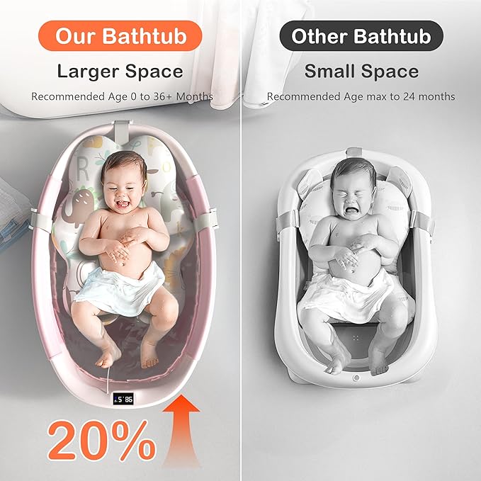 Collapsible Baby Bathtub - Large Baby Bath Tub with Thermometer & Cushion | Travel Portable Newborn Infant Bathtub | Foldable Toddler Bathtub for Baby 0 to 36 Months (Pink)