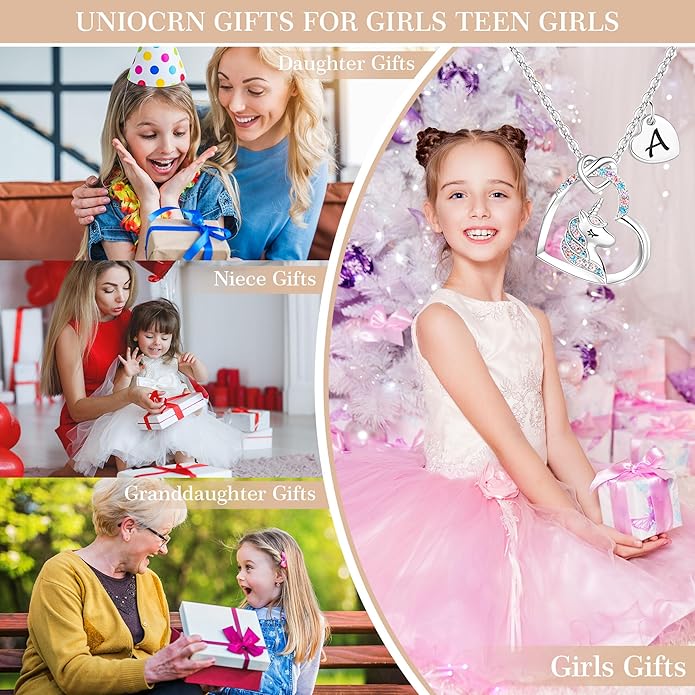 Hidepoo Valentines Gifts for Kids Girls - Unicorn Necklace Gifts for Teen Girls Kid, Colorful CZ Heart Pendant Initial Unicorn Necklaces for Girl Jewelry Birthday Gift for Girl Kid