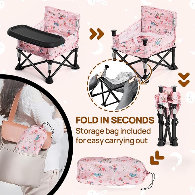 Booster Seat for Kitchen Chair with Removable Tray, Portable Foldable Baby Chair for Babies 6-36 Months, Indoor Outdoor Toddler Camping Chair (Pink Floral Design)