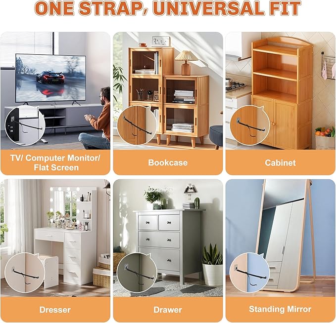 2 Pack Adjustable TV Safety Straps for Flat Screen, No-Drill Adhesive Anti-Tip TV Furniture Anchors for Baby Proofing, Premium TV Stabilizer Earthquake Straps for Furniture, Cabinet, Bookshelf