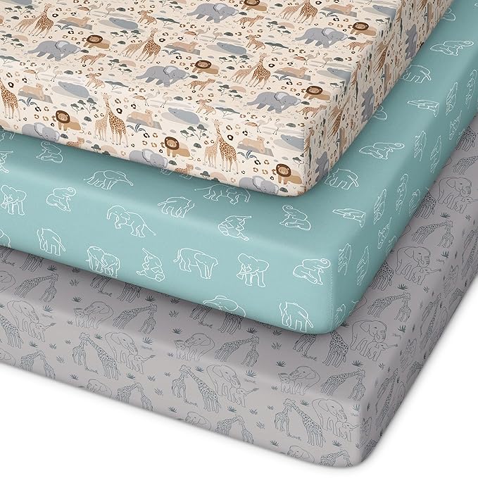 Pack and Play Sheets Fitted 3 Pack, Mini Crib Sheets for Pack N Play Mattress Stretchy Portable Playard Sheets, Soft Breathable Elephant