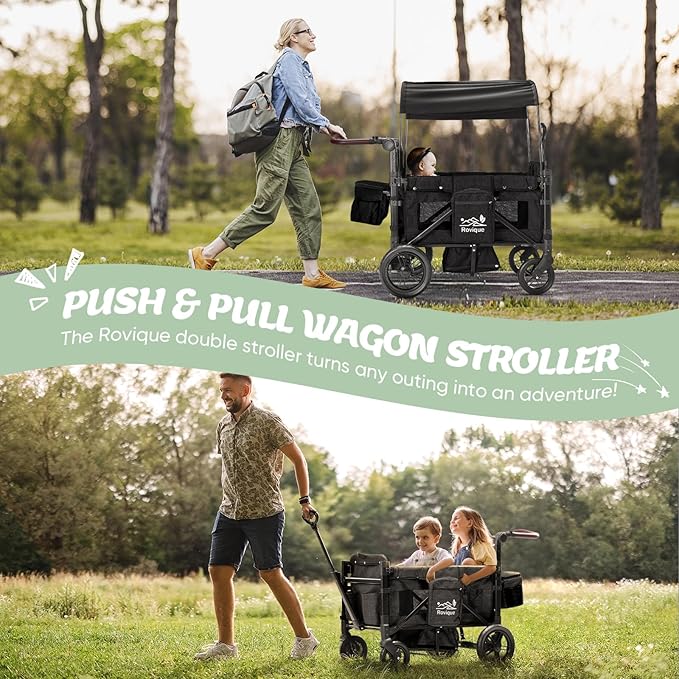 Stroller Wagon for 2 Kids,Premium Wagon for Kids with Removable Canopy,Snack Tray,All-Terrain PU Wheels & Adjustable Push/Pull Handle (Black)