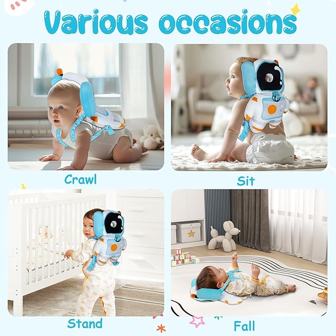 Baby Backpack Walker Protection, Toddler Head Protector Backpack Adjustable 270° Three-Sided Protection Breathable Design with Knee Pads & Safety Rope, 6-12 Month Baby(Astronaut)
