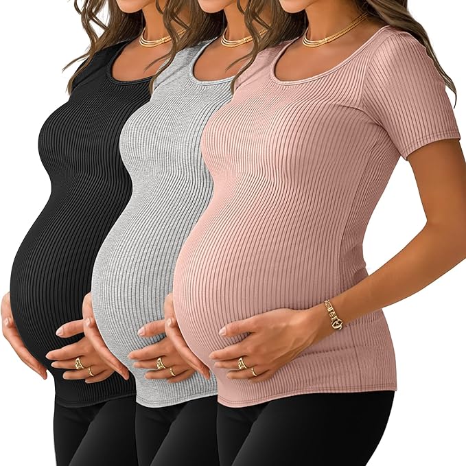 Neer 3 Pack Women's Ribbed Maternity Tops Pregnancy Round Neck Shirts Short Sleeve Soft Maternity Clothes for Mama
