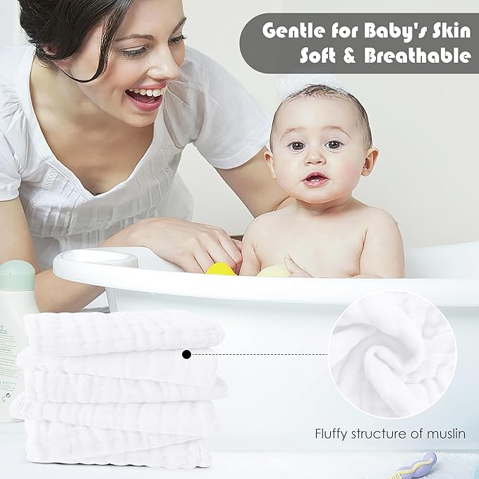 12 Pack Muslin Washcloths for Baby - 100% Cotton Baby Wash Cloths for or Baby Face Body Comfy and Soft for Newborn Infants Kids Girls and Boys - 12"x12" - White