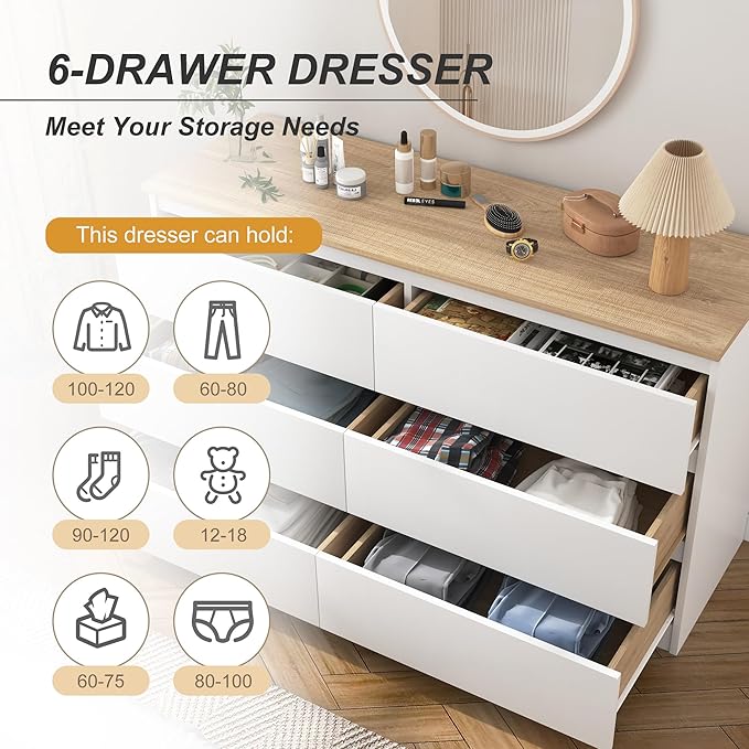White Dresser for Bedroom, Modern Large 6 Drawer Dresser with Deep Drawer,Chest of Drawers,Wood Bedroom Storage Organizer Furniture,TV Stand for Living Room
