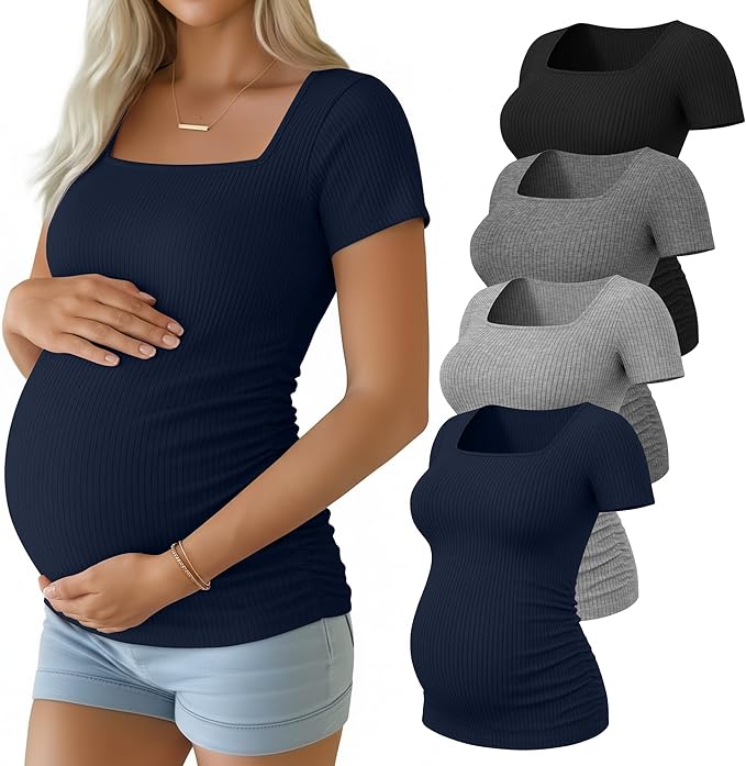 Huukeay 4 Pack Women's Maternity Shirts Cotton Ribbed Short Sleeve Square Neck Pregnancy Tops Side Ruched Summer Tee