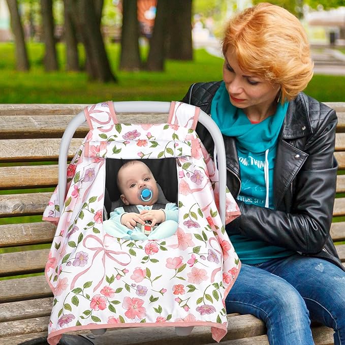 Baby Carseat Seat Cover Girls, Winter Carseat Canopy, Cozy & Warm Cover with Zipper Peep Windows, Infant Minky Carrier Cover, Soft Breathable, Baby Must Have, Pink Bow