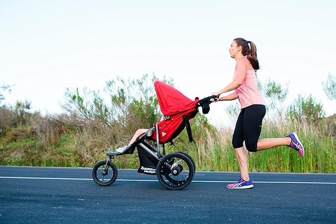 Joovy Zoom360 Ultralight Jogging Stroller Featuring High Child Seat, Shock-Absorbing Suspension, Extra-Large Air-Filled Tires, Parent Organizer, Air Pump, and Easy One-Hand Fold (Red)