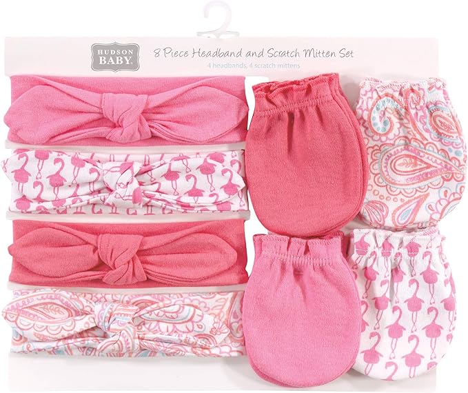 Hudson Baby baby-girls Cotton Headband and Scratch Mitten Set