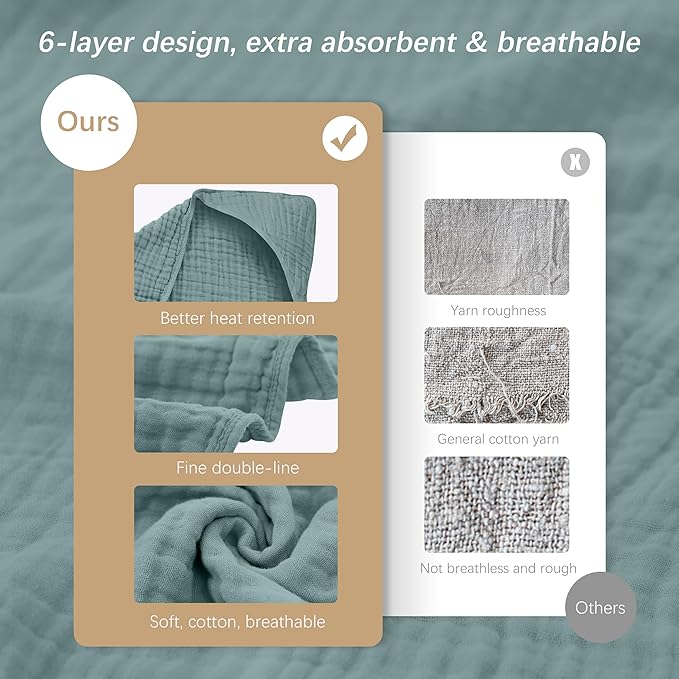 SWEET DOLPHIN Muslin Hooded Baby Bath Towels - 2 Pack 100% Cotton Towel for Babies, Infants, Toddlers - 32x32Inch - Highly Absorbent and Newborn Essential, Light Emerald