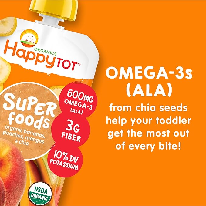 HAPPYTOT Organics Stage 4 Baby Food Pouches, Gluten Free, Vegan Snack, SuperFoods Fruit & Veggie Puree, Bananas, Peaches, Mangos & Chia, 4.22 Ounce (Pack of 16)