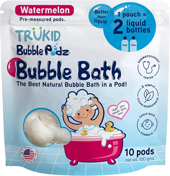TruKid Bubble Podz Bubble Bath for Kids, Toddlers, & Babies, Tear Free Gentle & Refreshing Bath Bomb for Sensitive Skin with Natural Moisturizers, Non-Toxic, pH Balanced, Watermelon Scent (10 Podz)