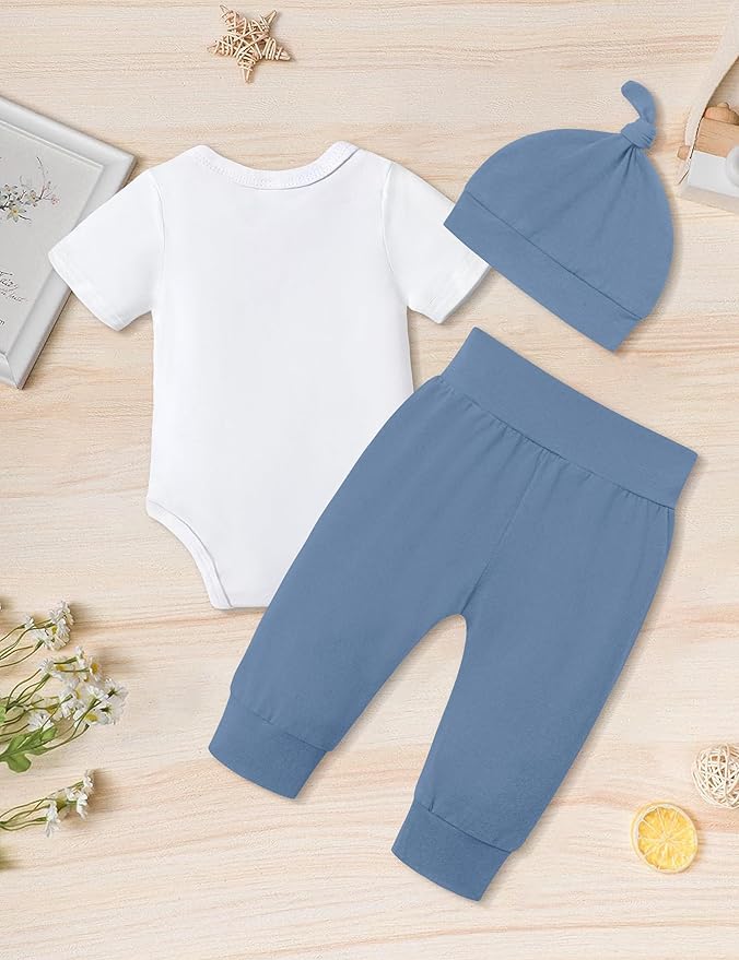 Fommy Newborn Baby Boy Clothes New to The Crew Letter Print Romper+ Pants+Hat 3PCS Outfit