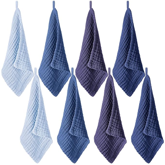 8 Pcs Baby Washcloths for Newborn 12 x 12 Inch Muslin Face Towels Cotton Absorbent for Delicate Skin Soft Muslin Cloth Reusable Baby Registry as Shower Gift, 4 Colors (Dark Blue)