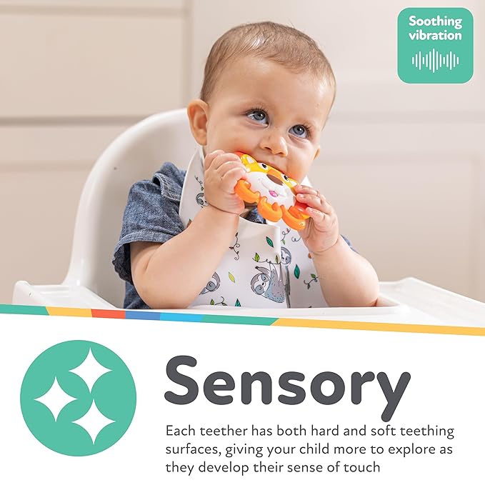 Nuby Vibe-eez Vibrating Teether - Battery Powered - Textured Surface and Easy to Grasp Toy for Baby Teething Relief - 3+ Months - Lion