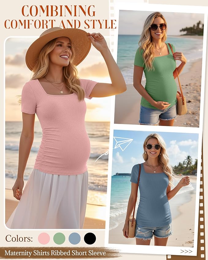 Huukeay 4 Pack Women's Maternity Shirts Cotton Ribbed Short Sleeve Square Neck Pregnancy Tops Side Ruched Summer Tee
