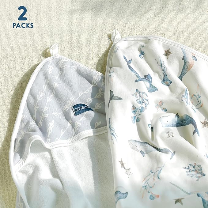 GRSSDER Baby Hooded Towel 2 Pack for Newborn, Super Soft Bath Towels with Original Designs, Ultra Absorbent Knit Terry, Large Toddler Towels with Hood for Boys Girls, Shower Gifts for Infant,34"x 34"