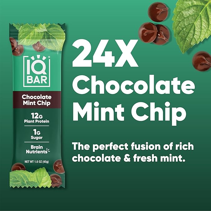 IQBAR Brain and Body Clean Plant Protein Bars - Chocolate Mint Chip - 24 Bars - Keto, Vegan, High Fiber, Gluten and Dairy Free, Low Sugar Snack with Nutrients for Focus, Energy, Meal Replacement