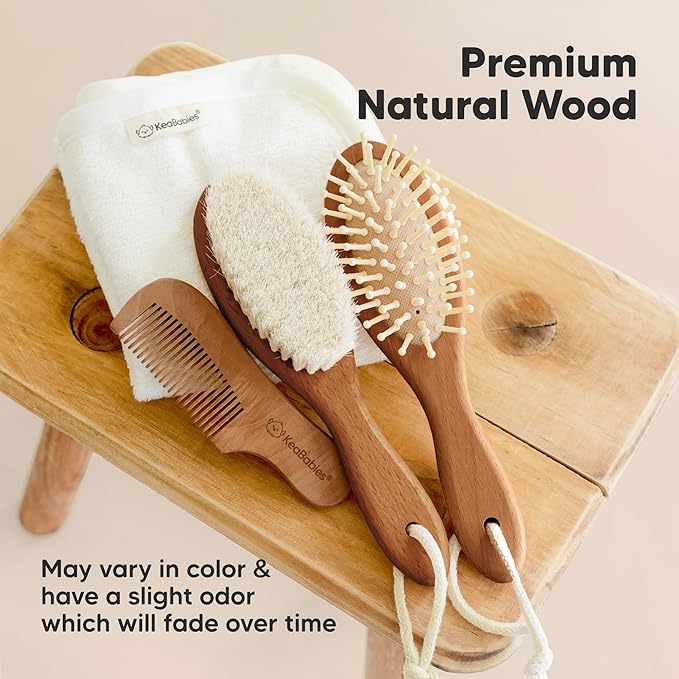 Baby Hair Brush Set for Newborns - Soft Goat Bristle Wooden Baby Brush and Comb Set Newborn Grooming Kit for Cradle Cap, Durable & Gentle, Boy, Girl Infant Essentials Care Kit (Oval, Dark Walnut)
