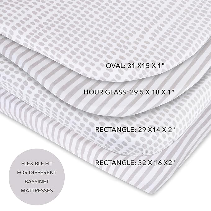 Ely's & Co. Patent Pending Waterproof Bassinet Sheet, No Need for Bassinet Mattress Pad Cover, 2 Pack Neutral Taupe Grey Splash & Stripes,for Baby Girl and Boy