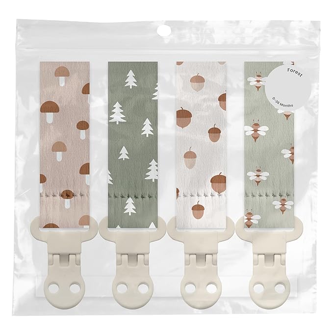 Stadela Baby Pacifier Clip Holder - Girl or Boy Unisex 4 Pack Gift Set – Woodland Mushrooms Bees Neutral Green Beige (Forest)