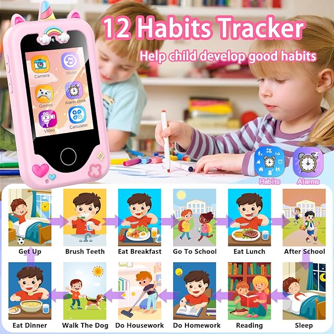 Nikuku Kids Phone for Girls, Toddler Smartphone Christmas Birthday Gift Age 3 4 5 6 7 8 9, Children Pretend Cellphone Toy with Dual Camera, Touchscreen, Learning Game, Music Player, 8GB Card(Pink)