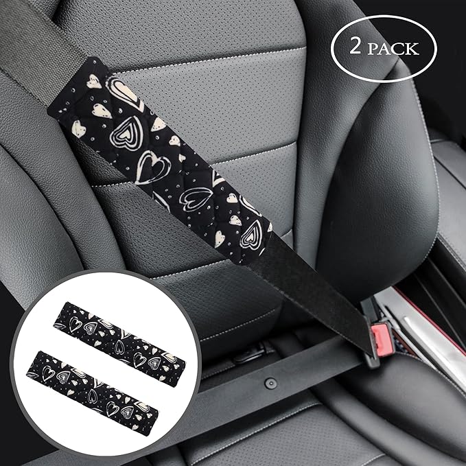 Amooca Soft Auto Seat Belt Cover Seatbelt Cushions Shoulder Pad 2 PCS for a More Comfortable Driving Compatible with All Cars and Backpack Cute Black Heart