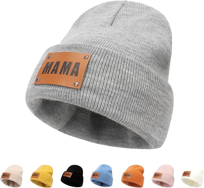 Personalized Name Baby Beanie Hat Leather Patch - Apricot Beanies Knit Hat Birthday Gifts for Kids Toddler to Adults