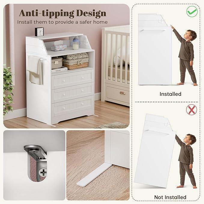 Baby Changing Table with Foldable Tabletop, White Baby Dresser with 3 Drawers & Open Storage Space, Modern Diaper Changing Station with Storage, Perfect for Bedroom & Nursery (Pad Not Included)