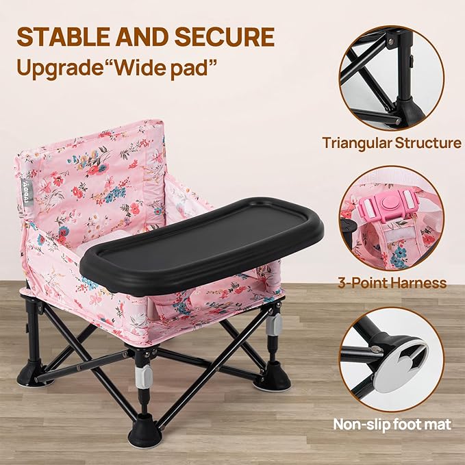 Booster Seat for Kitchen Chair with Removable Tray, Portable Foldable Baby Chair for Babies 6-36 Months, Indoor Outdoor Toddler Camping Chair (Pink Floral Design)