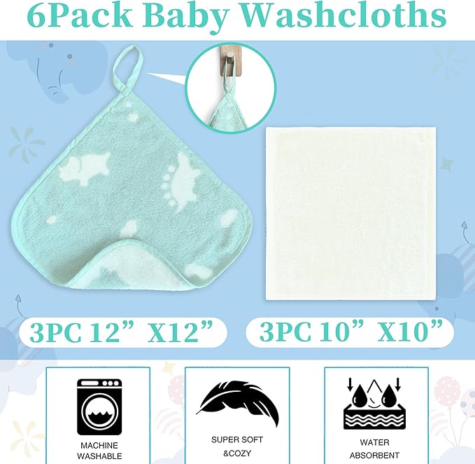 VOOVA & MOVAS Dino & Ivory Baby Washcloths | 12x12 Inches | Highly Absorbent | 6 Pack 100% Cotton | Ultra-Soft Newborn Towels | Perfect Set,Baby Essentials |Dino & Ivory Colors