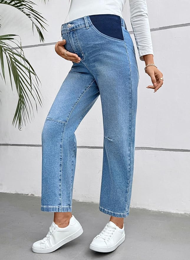 BLENCOT Women's Maternity Jeans Elastic Hight Waist Stretch Barrel Jeans Wide Leg Side Panel Pregnancy Denim Pants