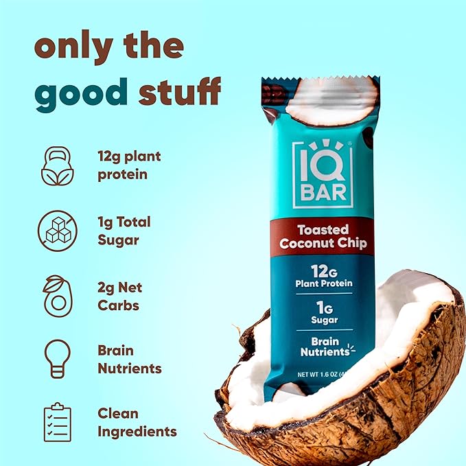 IQBAR Brain and Body Clean Plant Protein Bars - Toasted Coconut Chip - 36 Bars - Keto, Vegan, High Fiber, Gluten and Dairy Free, Low Sugar Snack with Nutrients for Focus, Energy, Meal Replacement