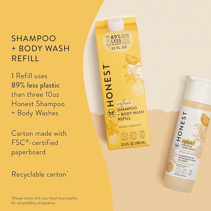 The Honest Company 2-in-1 Cleansing Shampoo Body Wash Refill Carton, Gentle for Baby, Naturally Derived, Tear-free, Hypoallergenic, Citrus Vanilla Refresh, 32 fl oz, (Pack of 2)