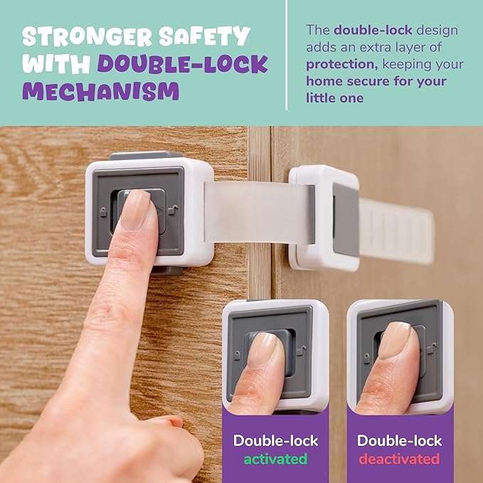 6 Pack Child Safety Cabinet Locks – Baby Proof Drawers, Cabinets, Toilets & Appliances – Adjustable Strap 4.5”–7.5”, Optional Double Lock, No-Drill 3M Adhesive, Easy for Adults