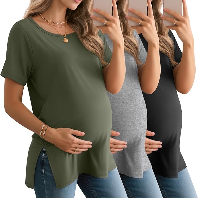 3 Pack Women's Maternity Shirts Short Sleeve Round Neck Side Split Pregnancy Tops Loose Summer Casual Mama Clothes