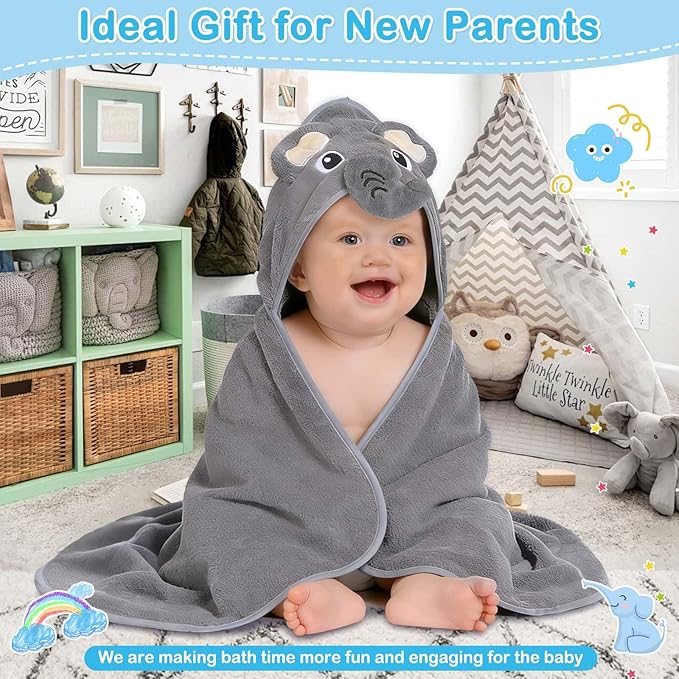 4 Pcs Baby Towels and Washcloths Set, 1 Pcs Animal Hooded Baby Towels & 3 Pcs Baby Washcloths for Newborns, Toddlers, and Kids, Soft Absorbent Hooded Bath Towel for Boys & Girls (Gray Elephant)