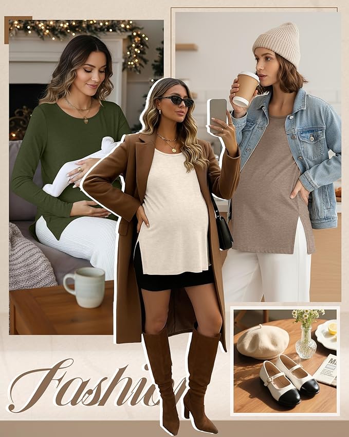 Riyiper 3 Pack Women's Maternity Long Sleeve T-Shirts Round Neck Side Split Tops Loose Casual Pregnancy Mama Clothes Fall
