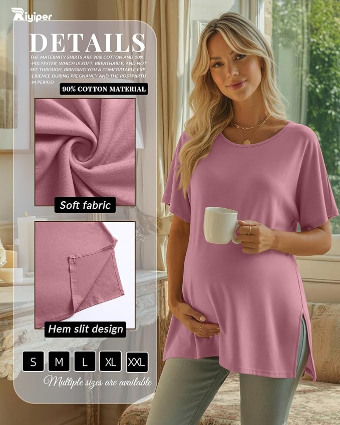 Riyiper 3 Pack Women's Maternity Tunic Shirts Cotton Summer Pregnancy Clothes Loose Oversized Split Side Blouse Tops