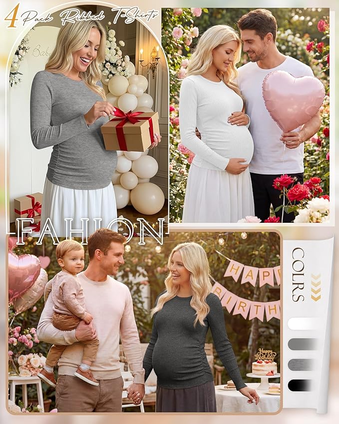 Ficerd 4 Pack Women's Maternity Shirts Cotton Long Sleeve Ribbed Crew Neck Pregnancy Tops Side Ruched Casual Mama Clothes
