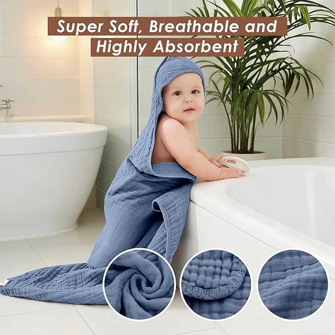 3-Pack Muslin Hooded Baby Towels, 100% Cotton, Ultra-Soft & Absorbent Baby Bath Towels with Hood for Babies, Infant, Toddler and Newbron (Grey and Navy Blue Series,32" x 32")