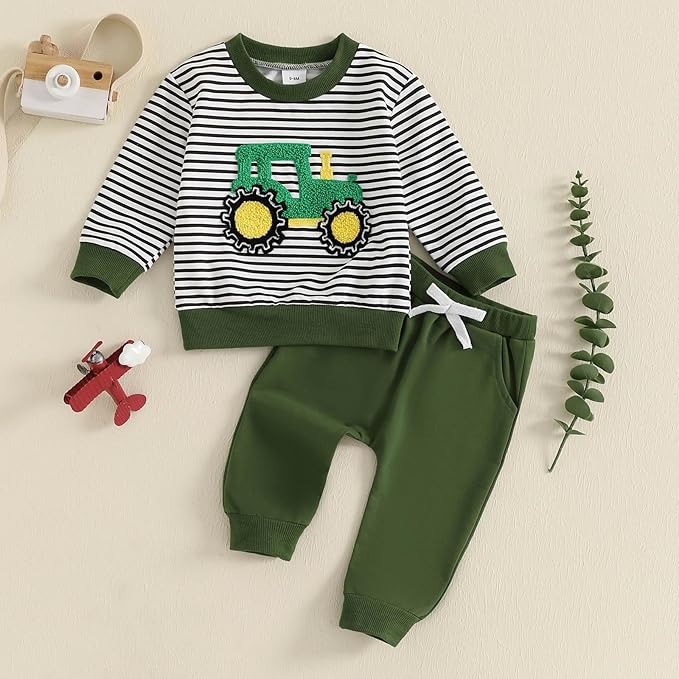 FOCUSNORM Toddler Baby Boy Fall Winter Outfit Excavator Embroidered Long Sleeve Sweatshirt Elastic Jogger Pant 2 Pcs Clothes