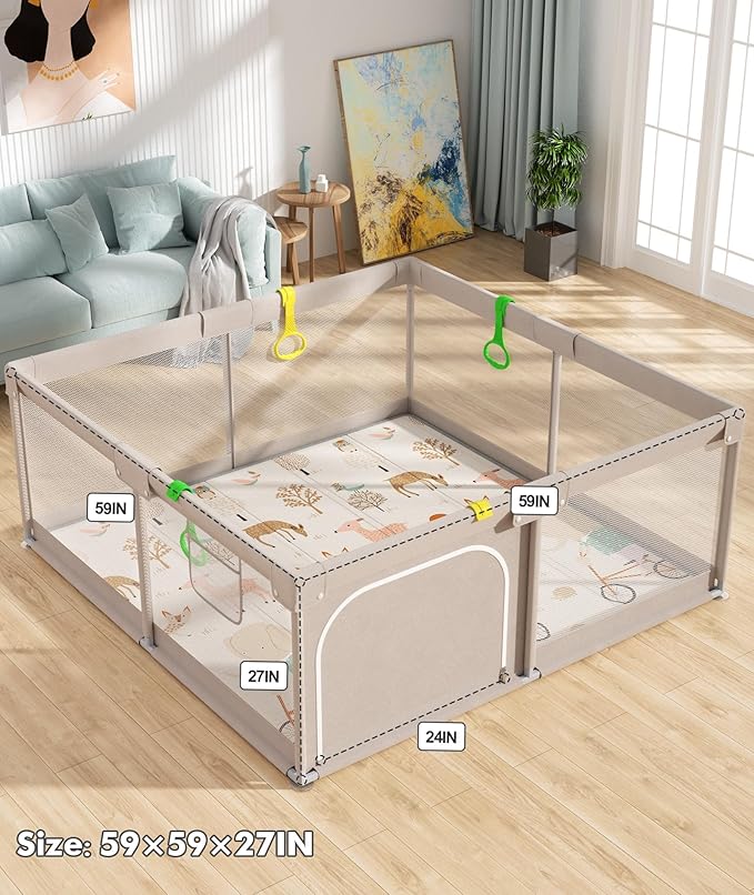 Mloong Baby Playpen with Mat, 59x59 Inches Extra Large Playpen for Babies and Toddlers, Indoor & Outdoor Activity Center, Safety Baby Fence