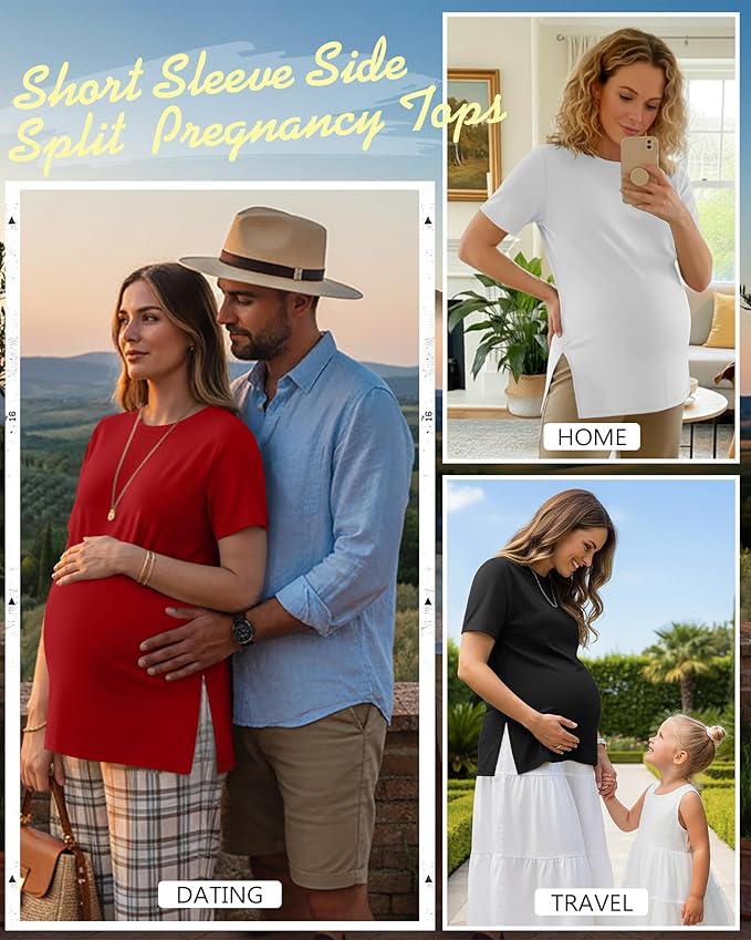 Ficerd 3 Pack Women's Maternity T Shirts, Short Sleeve Side Split Pregnancy Tops Casual Crew Neck Pregnant Tees Mama Clothes