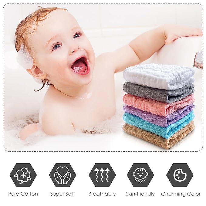 Cute Castle 12 Pack Muslin Baby Washcloths - Large 12'' by 12'' - Ultra Soft 100% Cotton - Super Absorbent Burp Cloths for Unisex, Boy, Girl -Multicolor